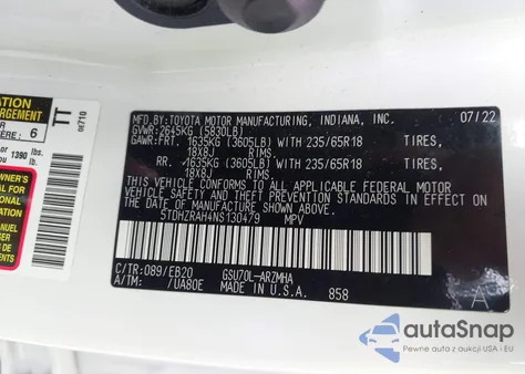 2022 Toyota Highlander Xle z USA, uszkodzony, nr VIN 5TDHZRAH4NS130479